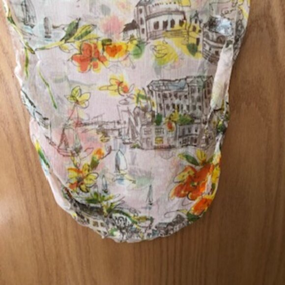 3/$15 Portland Artist Dana Herbert Oblong Silk Scarf Orange Yellow Buildings - Picture 2 of 5